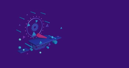 Poster - Pink hand saw symbol on a pedestal of abstract geometric shapes floating in the air. Abstract concept art with flying shapes on the left. 3d illustration on deep purple background