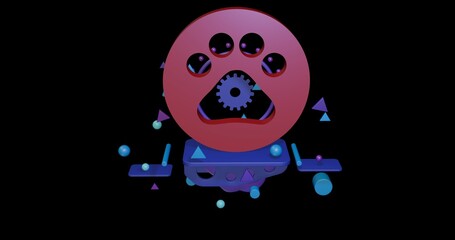 Poster - Red pet symbol on a pedestal of abstract geometric shapes floating in the air. Abstract concept art with flying shapes in the center. 3d illustration on black background