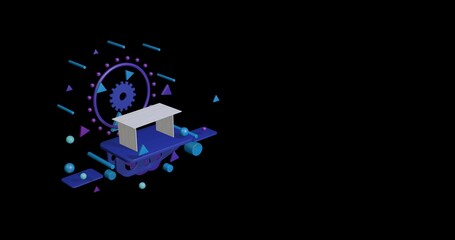Poster - White table on a pedestal of abstract geometric shapes floating in the air. Abstract concept art with flying shapes on the left. 3d illustration on black background