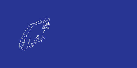 Poster - The outline of a large raccoon symbol made of white lines on the left. 3D view of the object in perspective. Vector illustration on indigo background