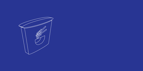 Poster - The outline of a large instant noodles symbol made of white lines on the left. 3D view of the object in perspective. Vector illustration on indigo background