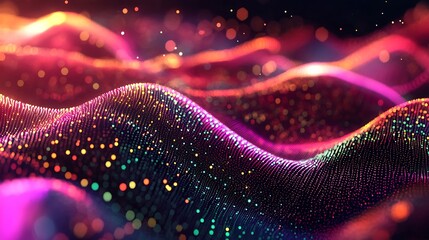 Poster - 3d rendering of abstract digital wave particles with depth of field and bokeh effect. Futuristic illuminated background with depth of field and bokeh.
