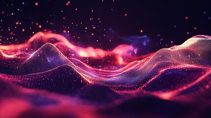 Poster - 3d rendering of abstract particles wave flow with depth of field and bokeh lights in dark background