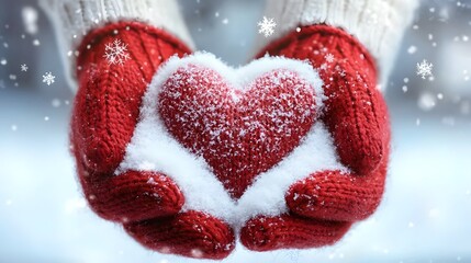 Poster - A pair of warm red mittens carefully cradling a perfectly shaped heart made of fresh snow in a tranquil snowy landscape  The soft powdery snowflakes glisten as they catch the light
