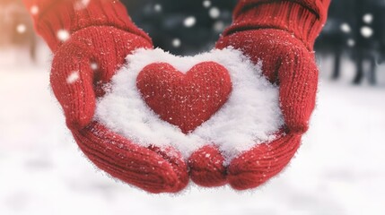Poster - A pair of warm red mittens carefully cradling a perfectly shaped heart made of fresh snow in a tranquil snowy landscape  The soft powdery snowflakes glisten as they catch the light