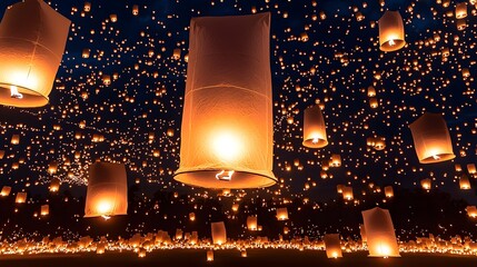 Poster - Mesmerizing Festival Scene with Thousands of Floating Lanterns Lighting Up the Mystical Night Sky Soft Golden Light Contrasting Against the Dark Blue Hues Wisps of Clouds Gently Illuminated