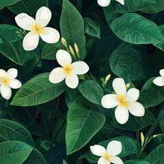 Wall Mural - White jasmine flowers and lush green palm leaves in tropical setting
