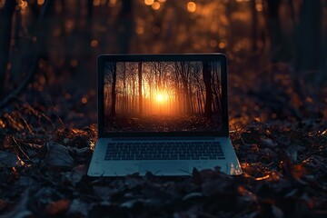 Fototapete - A laptop displays a sunset forest image on a bed of leaves