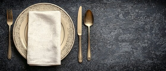 Aufkleber - Elegant one line drawing of tableware including a plate cutlery and a folded napkin  The continuous line art technique adds a modern and touch