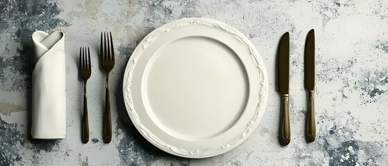 Poster - Minimalist continuous line drawing of an elegant table setting featuring a plate knife fork spoon and a folded napkin  The is sleek and modern