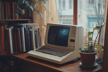 Fototapete - A vintage computer sits on a desk near a window