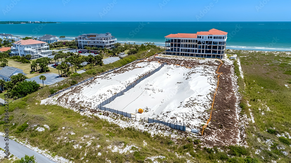 Coastal beachfront construction site aerial view, ocean background ...