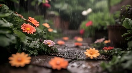 Poster - A stunning depiction of a rain kissed garden where fresh raindrops cling to colorful flowers and dense foliage intensifying the natural beauty and textures of this thriving oasis