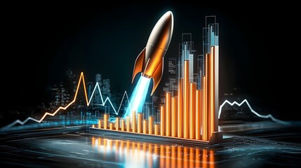 Poster - Powerful Rocket Blasting Off Alongside an Increasing Bar Chart in a Glowing Digital Cityscape Filled with Energy Streams Depicting Technology Finance and Industry Success