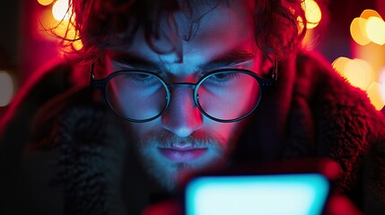 Poster - Man stares intently at his mobile phone display intently