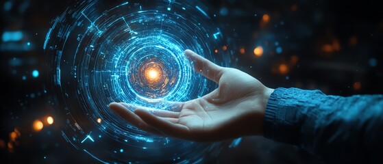 Aufkleber - A human hand reaching for a glowing digital orb of light