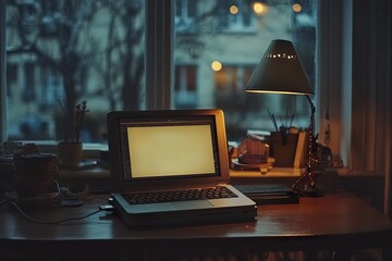 Fototapete - A laptop sits on a desk next to a window with a lamp