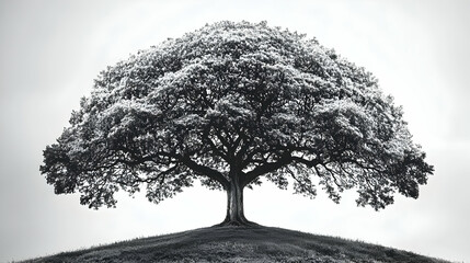 Majestic oak tree on hilltop, serene landscape, nature photography, ideal for websites or print