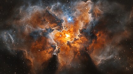 fiery nebula with bright core and dark dust.