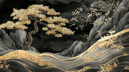 Poster - Artistic depiction of golden trees mountains and abstract landscape