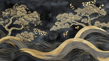 Poster - Golden trees and landscape elements against a dark textured backdrop
