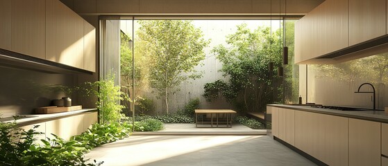 Poster - A modern kitchen interior with a view of lush green landscaping