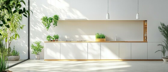 Poster - Modern Minimalist Kitchen Area Surrounded by Lush Greenery and Sunshine