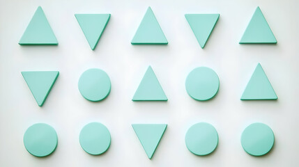 Wall Mural - Teal geometric shapes arranged on white background; design concept; flat lay