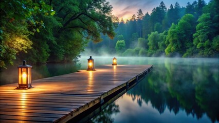 Wall Mural - serene dawn illuminated wooden dock extending into misty lake surrounded by lush green foliage