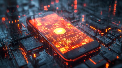 Poster - A glowing smartphone on a circuit board reflecting ambient light