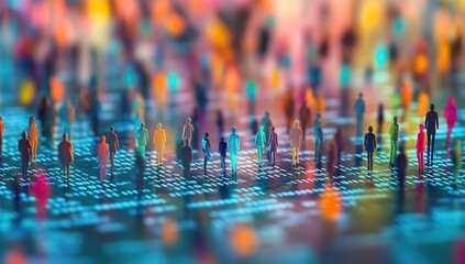Poster - Colorful Crowd Silhouettes on a Blue Digital Network Background
