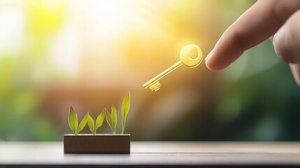 Poster - opportunity hand reaching for a golden key floating above a financial growth chart.