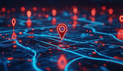 Poster - Red Glowing Location Pin on a Futuristic City Map