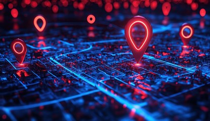 Poster - Neon Red And Blue Glowing Location Pins Above Digital City Map