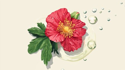 Wall Mural - vibrant red flower with water droplets and green leaves on cream