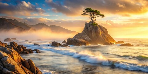 Wall Mural - golden sunrise illuminates solitary coastal tree on rugged rock formation