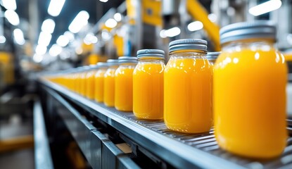 Poster - Bright Orange Juice Jars on Conveyor Belt in Modern Food Processing Plant