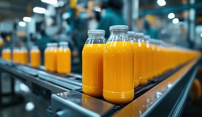 Poster - Orange Juice Bottles on Conveyor Belt in Factory