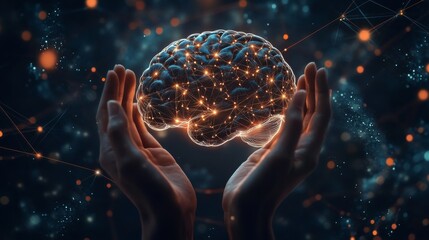 Wall Mural - 3d render of a brain glowing in the hands, on a black background