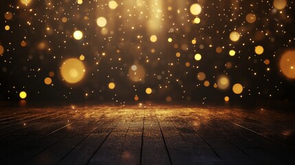 Wall Mural - abstract background with golden light rays and glowing particles on a dark floor.