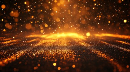 Wall Mural - abstract background with golden light rays and glowing particles on a dark floor.