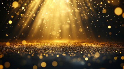 Wall Mural - abstract background with golden light rays and glowing particles on a dark floor.