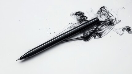 Poster - A metallic pen expels ink resembling wispy dark smoky plumes