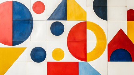 Aufkleber - boldly stacked squares circles and triangles in vibrant primary color tones create a crisp minimalis