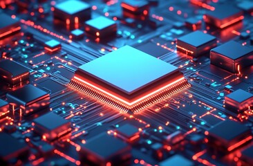 Poster - Abstract Close Up of a Glowing Circuit Board with Central Processor