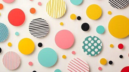 Poster - Visually striking abstract design featuring an array of playful geometric shapes including dots circles and stripes in a vibrant color palette on a soft pastel background