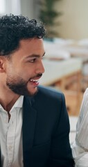 Poster - Business, people and talking with tablet in office for company growth projection, risk assessment or review. Finance analyst, teamwork and digital app for financial planning and investment proposal