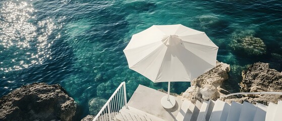 Poster - Tranquil view of a coastal landscape with a white parasol and geometric stairs leading down towards the calm reflective waters of the ocean