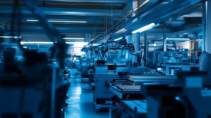 Poster - a bustling factory setting with rows of sleek blue and equipment working to manufacture various prod