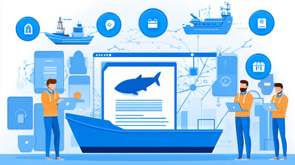 Poster - Fishing industry digital management online platform infographic style modern workspace technology focus